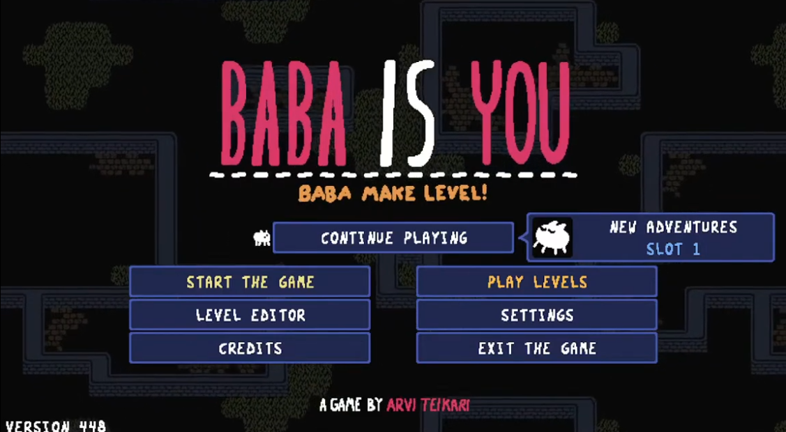 "BABA MAKE LEVEL!" title screen
